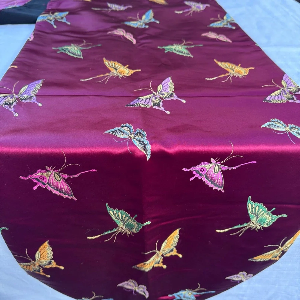 Vintage Butterfly Table Runner Burgundy Red Embroidered Tassel Chinoiserie 78